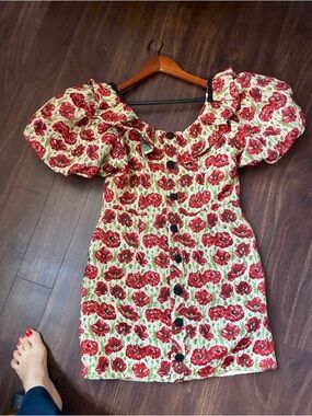 Sister Jane Red Floral Textured Jacket with Black Buttons